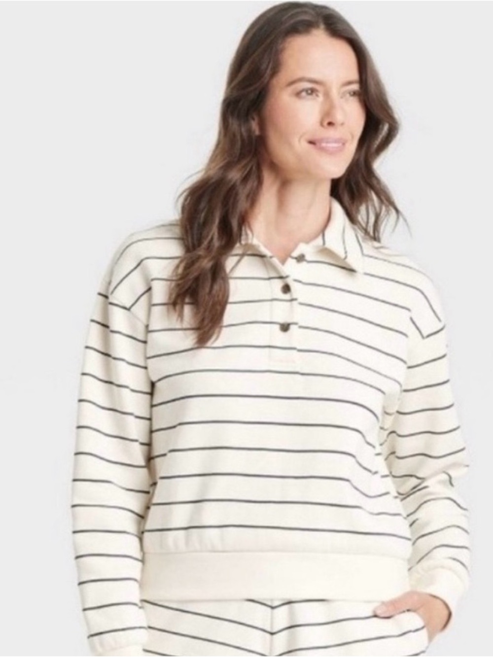 Universal Thread Cream & Black Striped Button-Up Pullover Sweatshirt